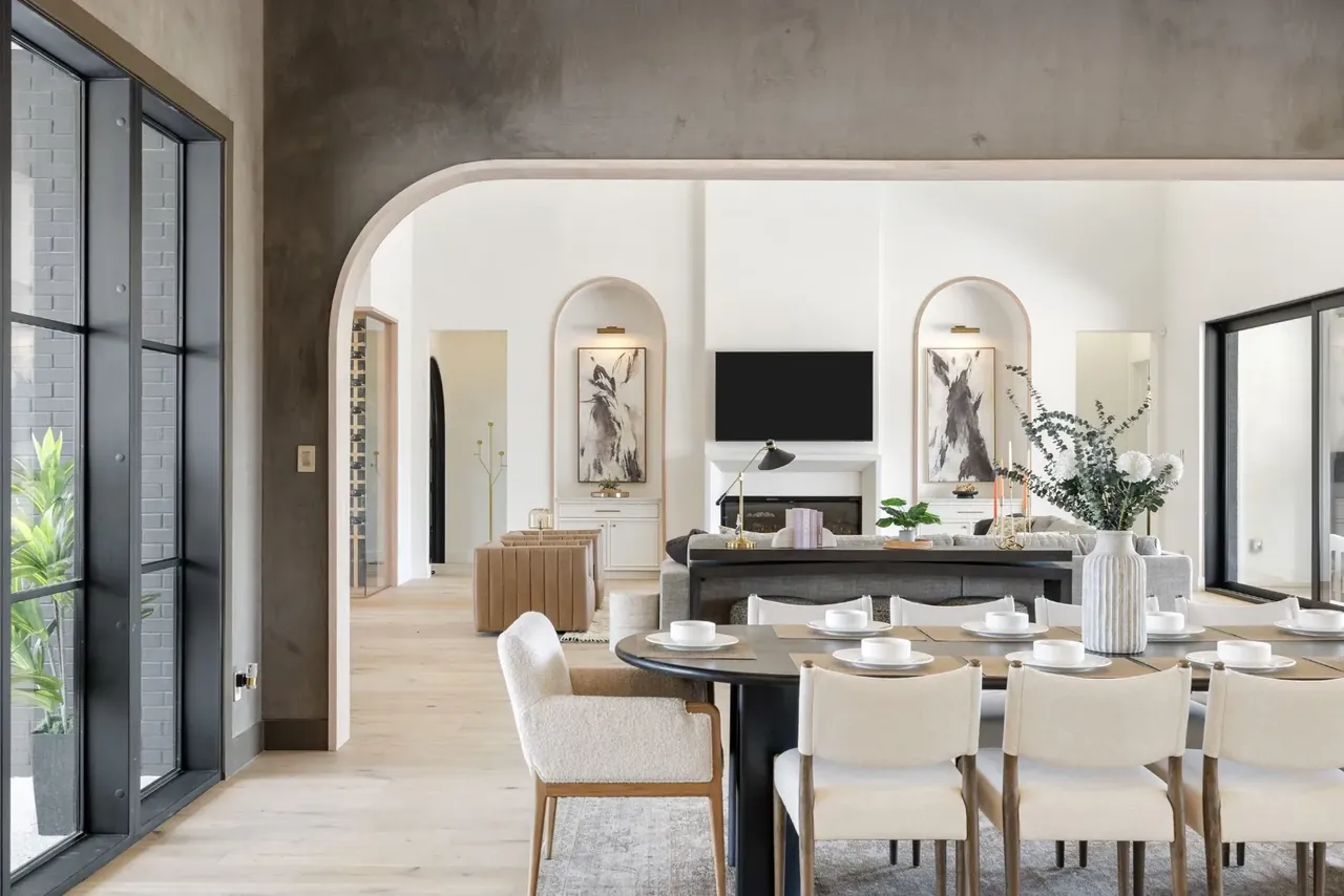 Dining table under arched doorways