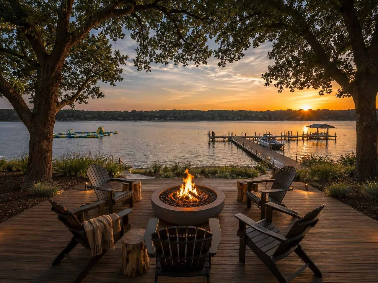 Firepit and Adirondack chairs above Lake Travis at sunset