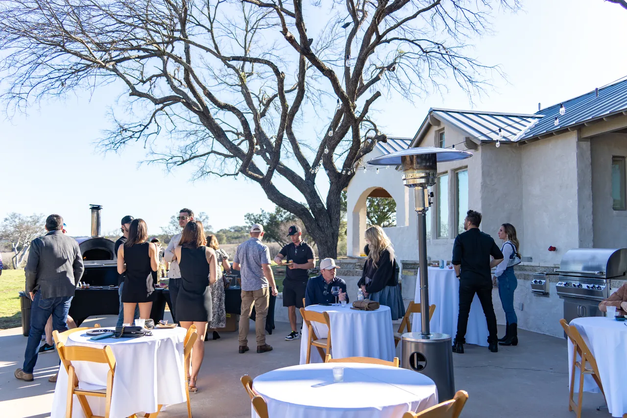 Tables and heaters on the clubhouse patio