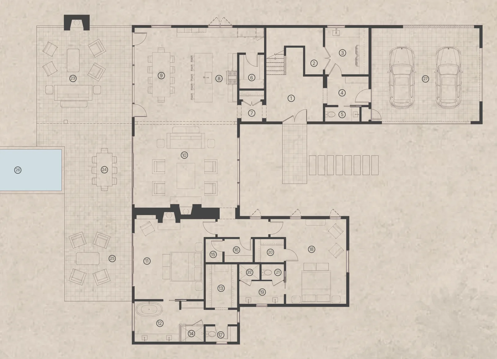 First floor plan: living room, kitchen, primary suite, outdoor living and pool