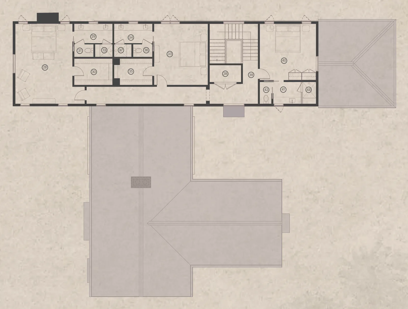 Second floor plan: three bedroom suites