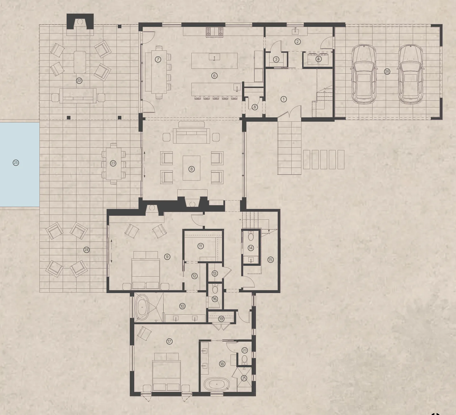 First floor plan: living room, kitchen, two bedroom suites, outdoor living, pool and hot tub