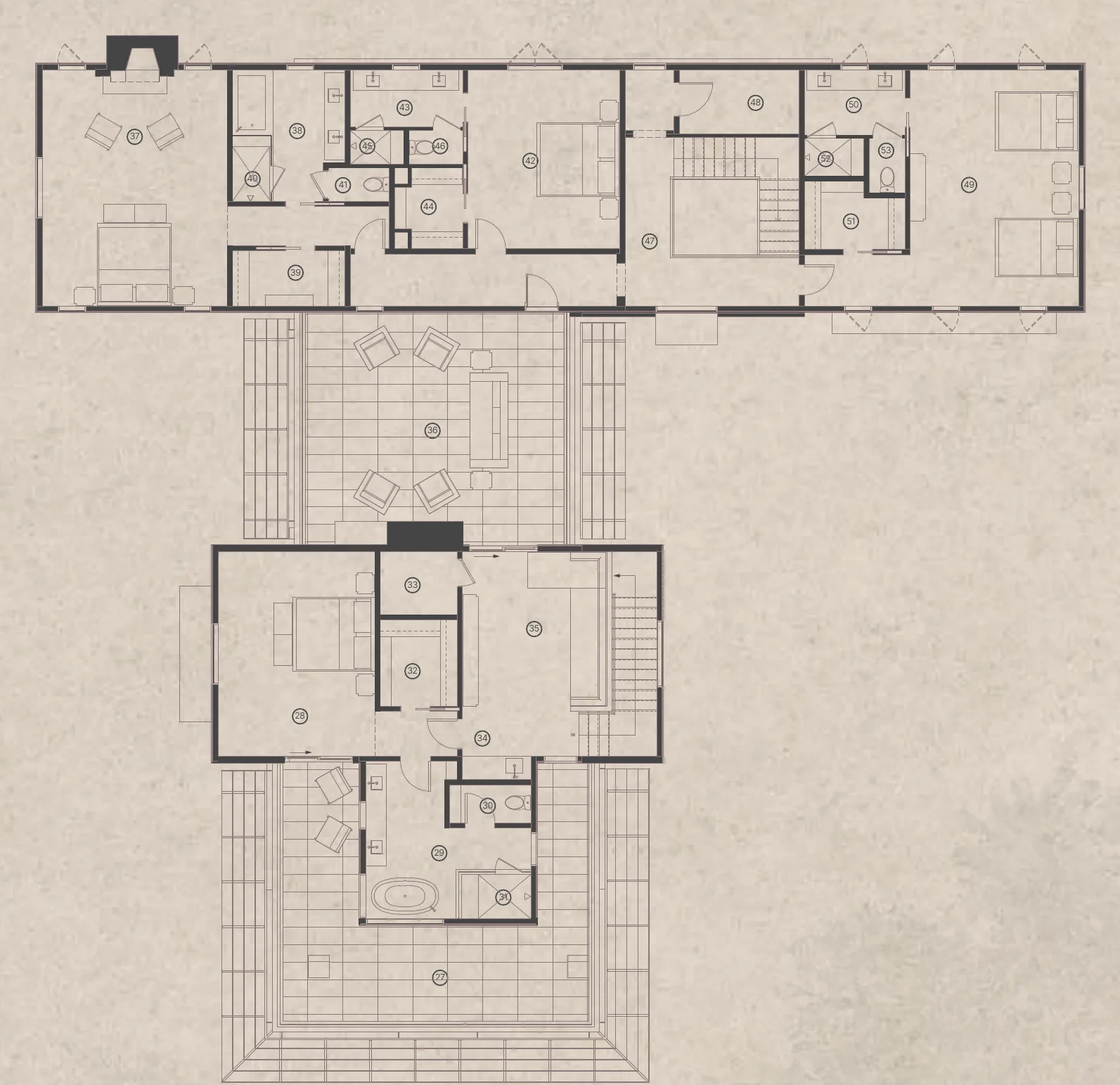 Second floor plan: four bedroom suites, an upstairs living room and two roof terraces
